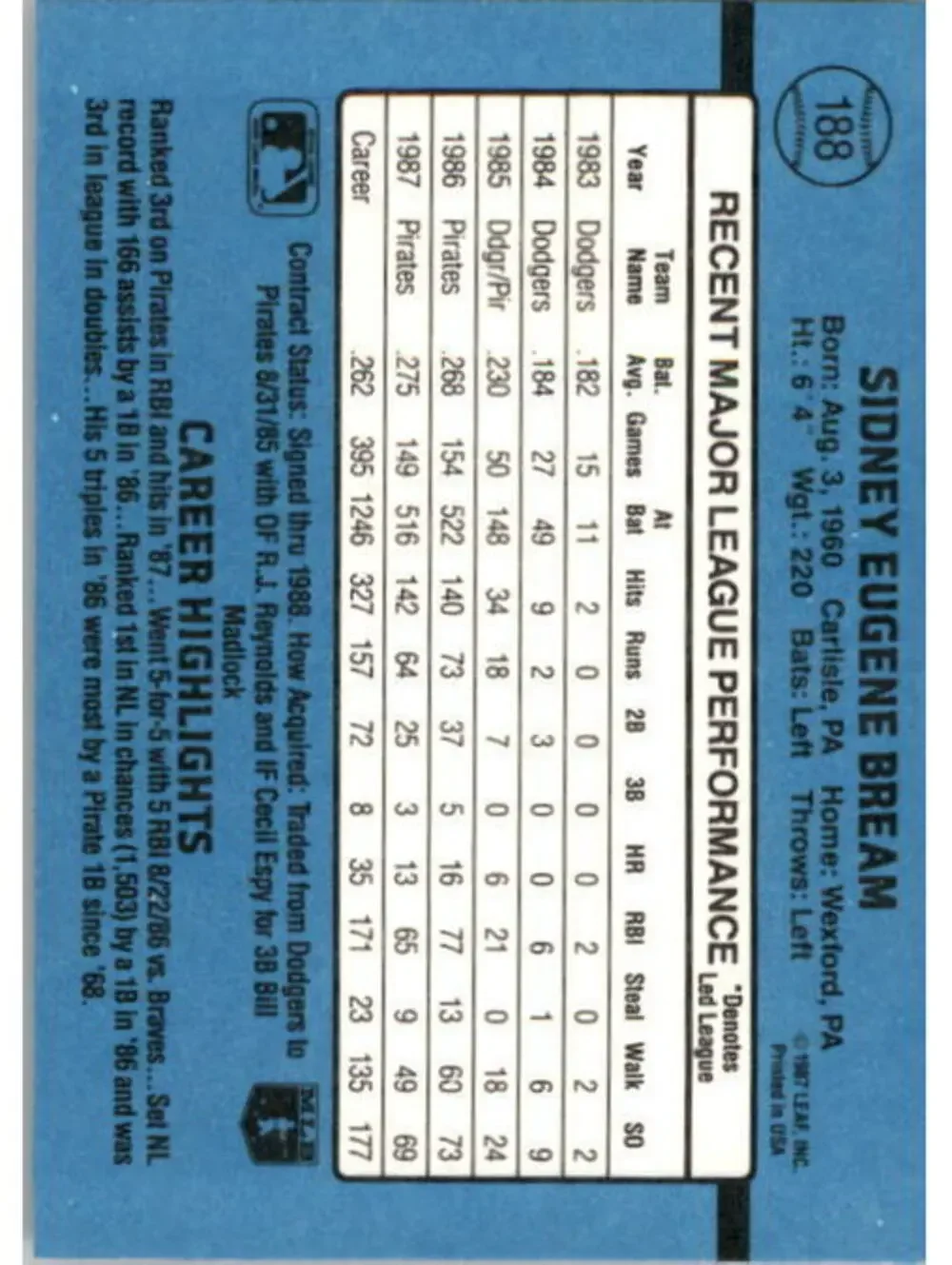 1988 Sid Bream Donruss Baseball Card #188